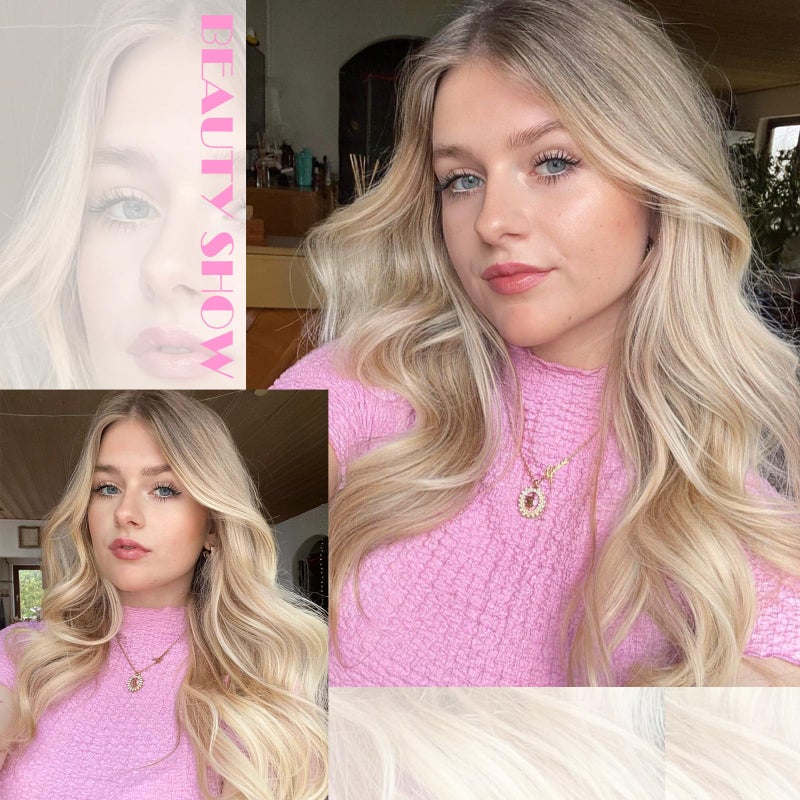 Lady Miranda Blonde Wigs for White Women Brown to Ash Blonde Natural Looking High Density Heat Resistant Synthetic Hair Weave Full Wigs for Women Middle Part Long Ombre Blonde Wavy Wig (T/Ash Blonde) - Image 5
